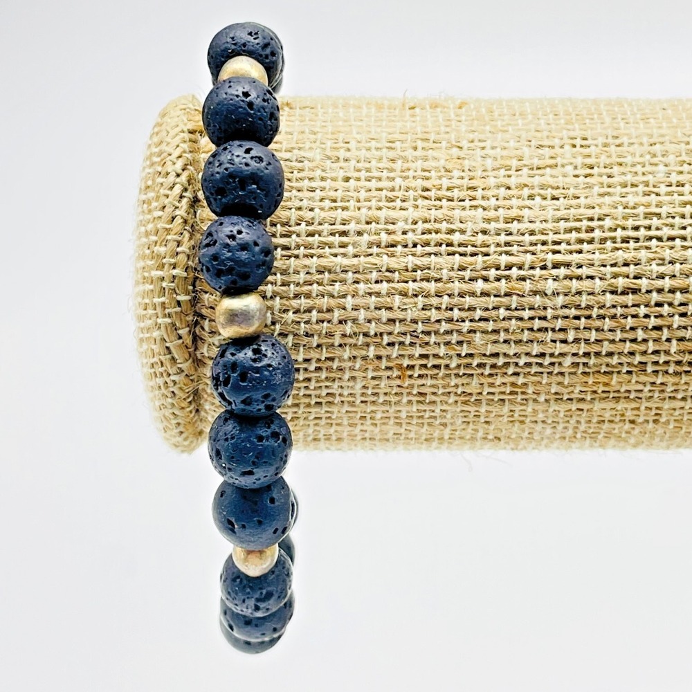 Lava Stone Stretch Bracelet Black Beaded Gold Tone Spacer Beads Unisex